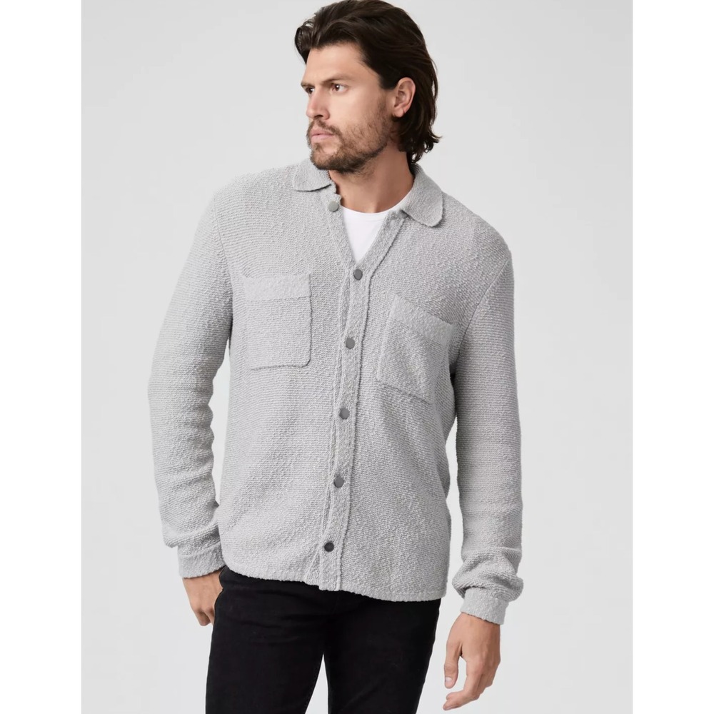 Paige Larson Button Up Sweater Shirt Gray Weathered Stone Cotton Boucle Men's M